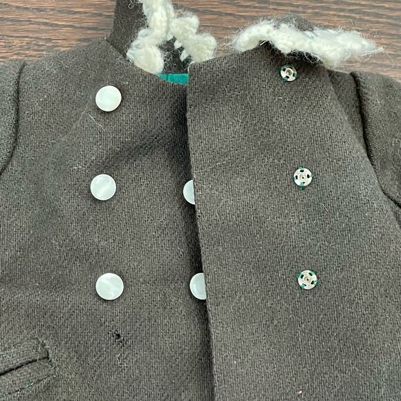 Vintage Doll Coat & Hat Wool(?) Dark Green Pea Coat & hat w/ White Trim READ - Picture 14 of 16